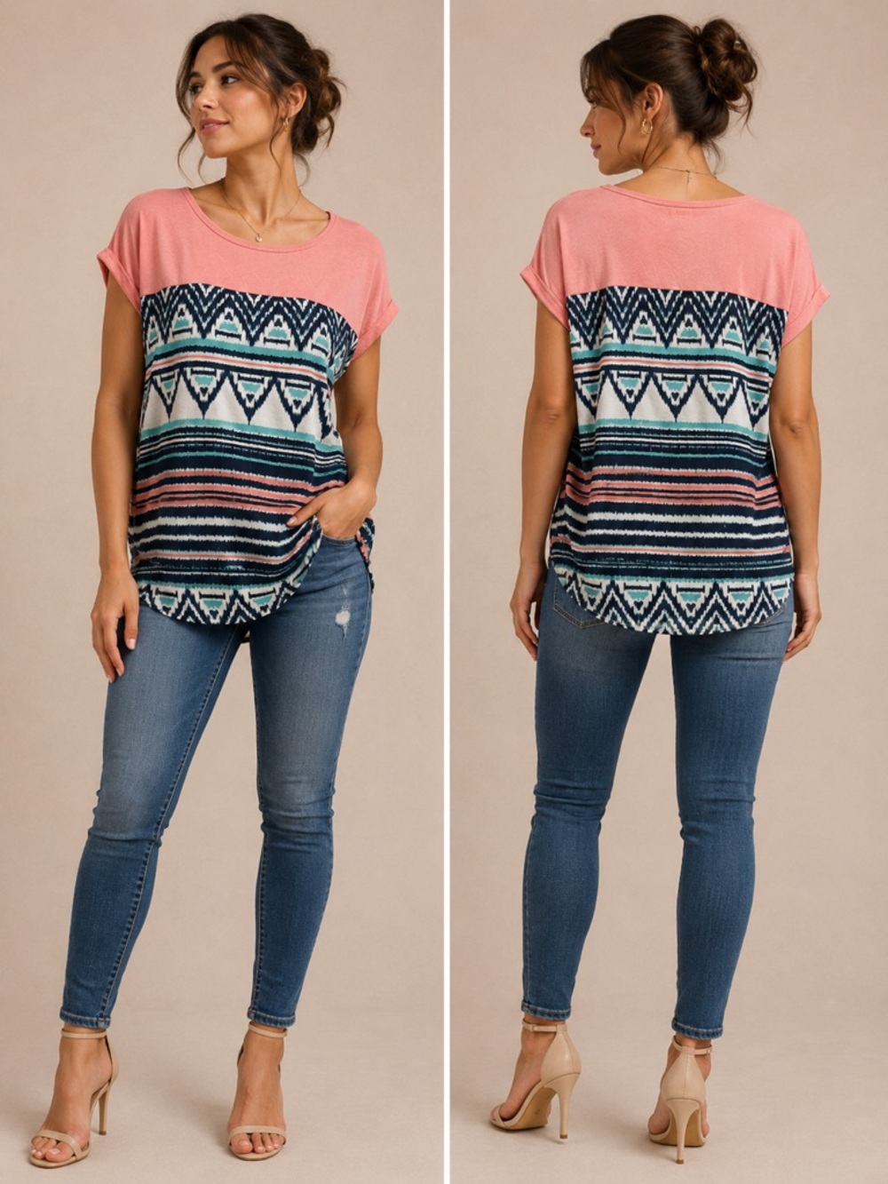 Lolli Pink, Navy & Mint Aztec Print Short Sleeve Tunic